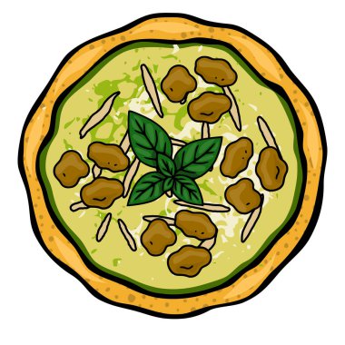 Taze fesleğen ve lezzetli malzemelerle dolu bir pizzanın garip vektör çizimi