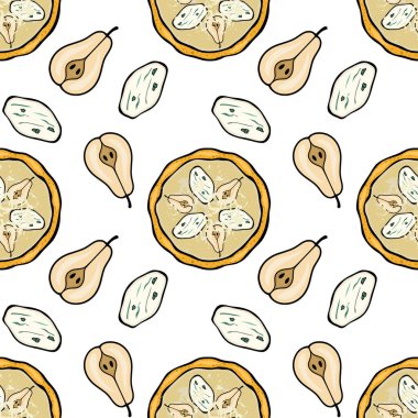 Nane arkaplanda armut ve küflü peynirli gurme pizzası içeren kusursuz vektör deseni.