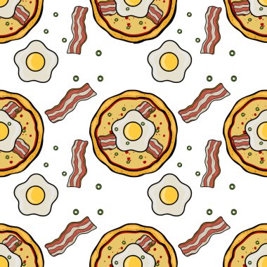 Kahvaltı pizzası ve pastırma şeritli ve yeşil biberli kızarmış yumurta dikişsiz vektör deseni.