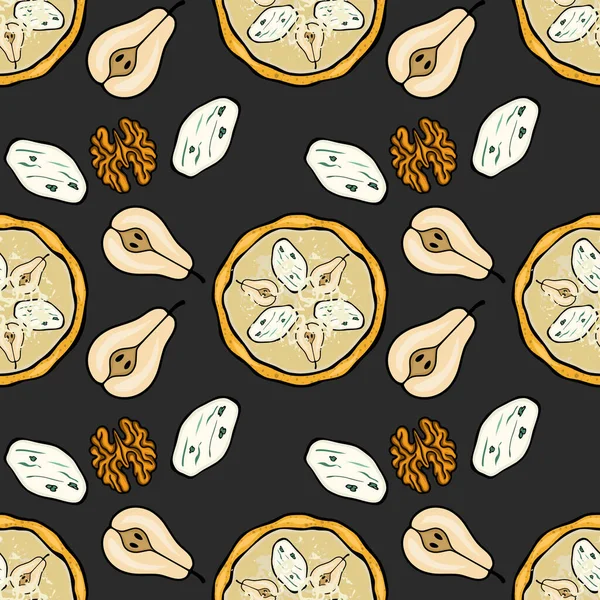 Koyu bir arka planda gurme pizzanın, armut dilimlerinin, ceviz ve peynir elementlerinin tuhaf vektör kalıpları