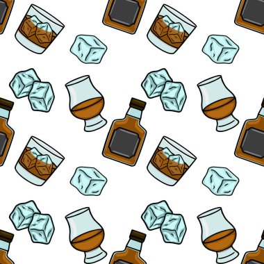 Viski şişelerinin kusursuz vektör deseni buzlu bardaklar ve buz küpleri, içecek markası ve bar dekorasyonu için mükemmel..
