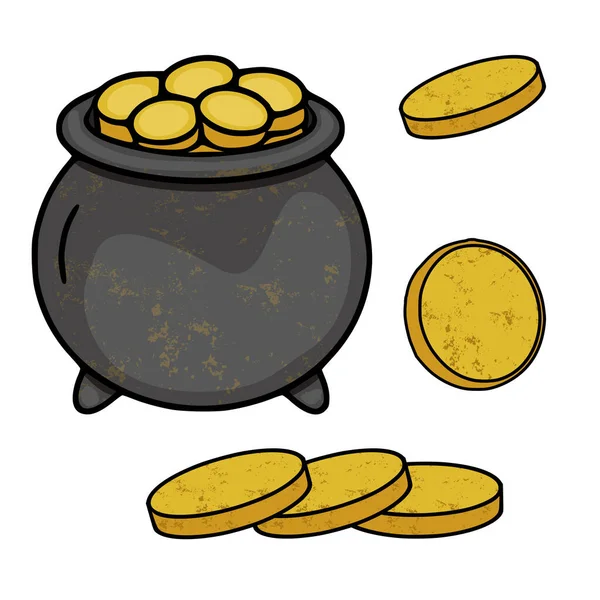 Altın sikkelerle dolup taşan ve etrafa saçılmış bir çömleğin vektör çizimi, Aziz Patrick Günü temaları için mükemmel..