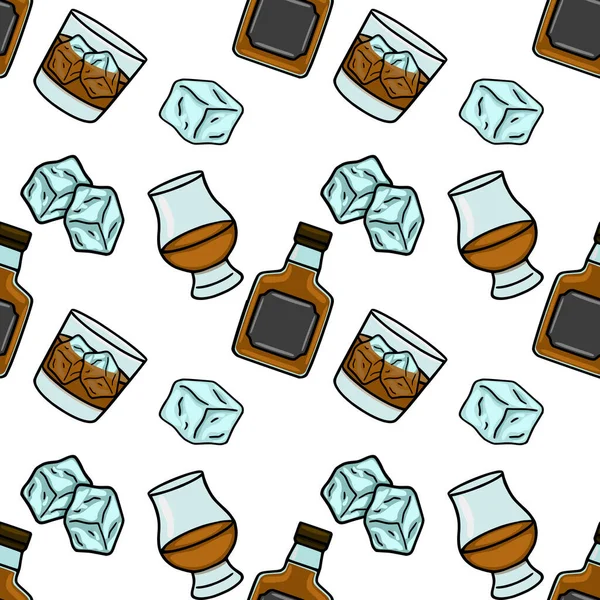 Viski şişelerinin kusursuz vektör deseni buzlu bardaklar ve buz küpleri, içecek markası ve bar dekorasyonu için mükemmel..