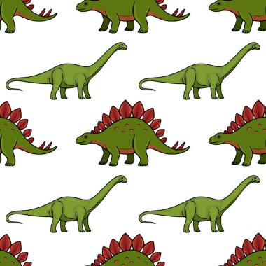 Stegosaurus ve Brontosaurus da dahil olmak üzere, beyaz arka planda sevimli yeşil dinozorların kusursuz vektör deseni..