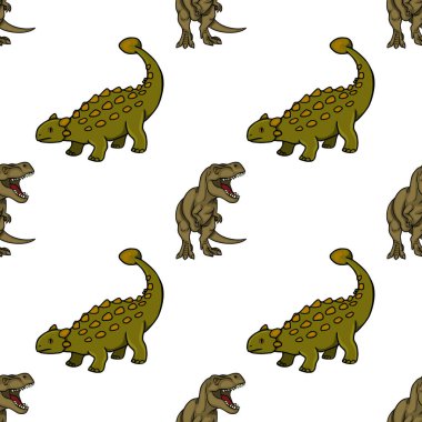Beyaz arka planda oyuncu T-Rex ve Ankylosaurus karakterlerinin yer aldığı çocuklar için sevimli dinozor desenli vektör çizimi.