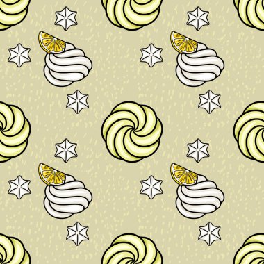 Borulu meringue girdapları ve limon dilimlerinin dokulu arka planda kusursuz vektör deseni
