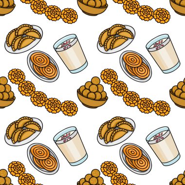 Jalebi, Laddu, Gujiya ve Marigold çelenklerinin yer aldığı şenlikli Hint tatlıları ve içkileri.