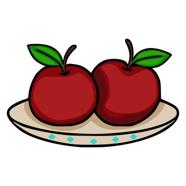 Two ripe red apples with green leaves on a decorative plate, vector illustration