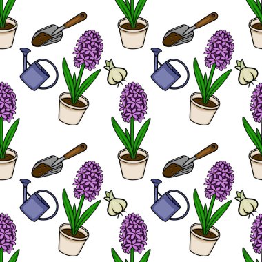 Saksıdaki sümbül çiçeklerinin, sulama kutularının ve bahçe malalarının kusursuz vektör deseni.