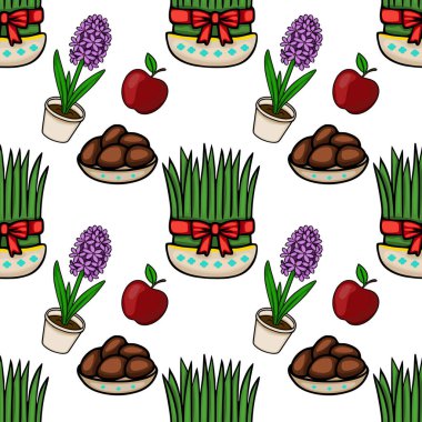 Şenlikli Nowruz vektör şablonu Sabzi, sümbül çiçekleri, elmalar ve boyalı yumurtalar.