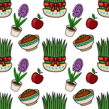 Nowruz sembollerinin kusursuz vektör deseni: Sabzeh, sümbül, elma ve Samanu, şenlikli bir duygu ile.