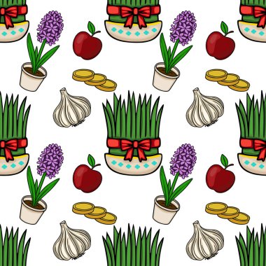 Yeşil lahanalı, sümbül, elma, sarımsak ve altın sikkeli şenlikli Nowruz vektör deseni