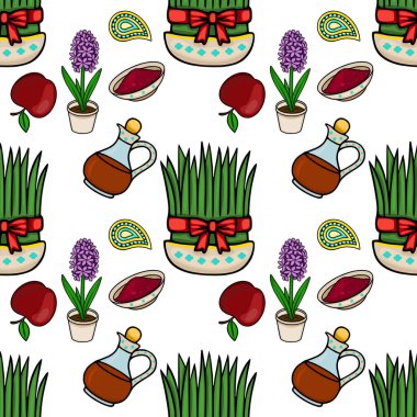 Sabzi, sümbül, elma, sumac ve desenli motifleri içeren Nowruz sembollerinin kusursuz vektör çizimi.