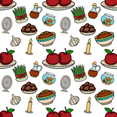 Nowruz kutlaması için Haft-Seen elementlerinin kusursuz vektör deseni, elmalar, sabzeh, samanu, japon balığı, aynalar, sarımsak ve mumlar