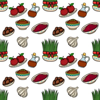 Elma, sarımsak, sumac, hurma ve sabzeh içeren şenlikli Nowruz Haft-Seen vektör deseni