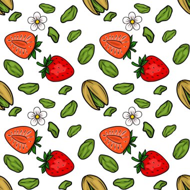 Beyaz arka planda taze çilek, fıstık ve beyaz çiçeklerden oluşan kusursuz vektör deseni.