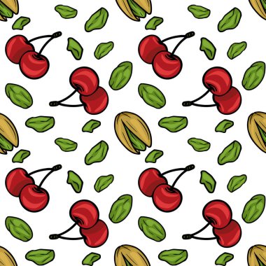 Seamless vector pattern of ripe cherries and shelled pistachios, playful food illustration