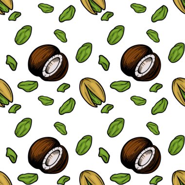 Seamless vector pattern of whole and cracked pistachios with scattered kernels, isolated on white.