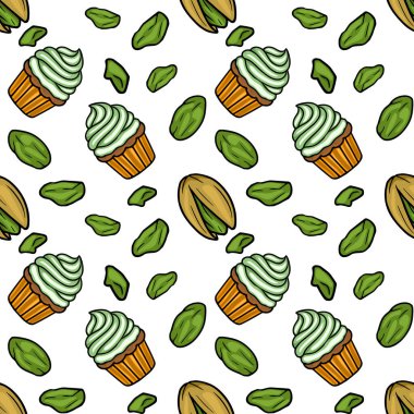 Seamless vector pattern of frosted pistachio cupcakes and loose pistachios