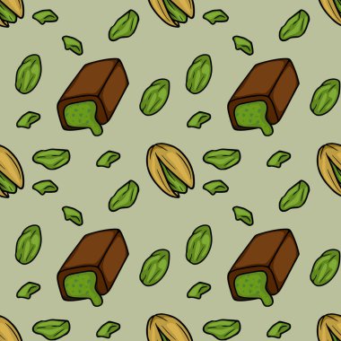 Seamless vector pattern of delicious pistachio chocolate bars and scattered nuts