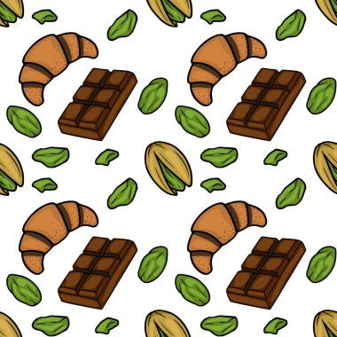 Seamless vector pattern of delicious croissants, chocolate bars, and pistachios on white background.