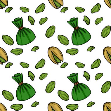 Seamless vector pattern of vibrant green pistachios and gift-wrapped nuts on white background