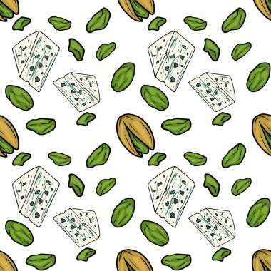 Seamless vector pattern of blue cheese wedges and green pistachios on white background