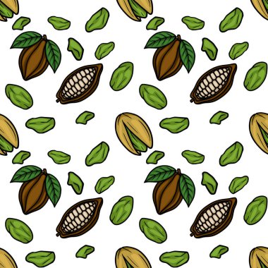 Seamless vector pattern of cocoa pods and pistachios, hand-drawn illustration