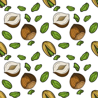 Seamless vector pattern of whole hazelnuts and shelled pistachios, scattered on a white background