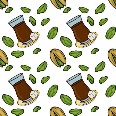 Seamless vector pattern of traditional Turkish tea with pistachios and sugar cubes