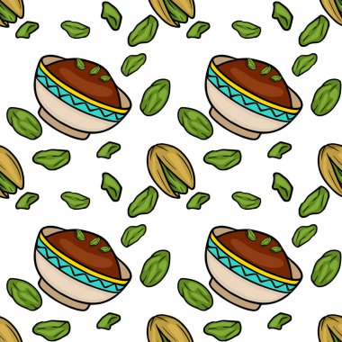 Seamless vector pattern of delicious pistachios and pistachio tea in decorative bowls.