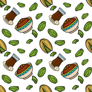 Seamless vector pattern of pistachio nuts and tea, perfect for food and drink backgrounds
