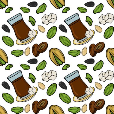 Seamless vector pattern of traditional tea glasses, pistachios, sunflower seeds, dates, and sugar cubes