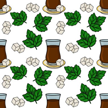 Seamless vector pattern of traditional Turkish tea glasses with mint leaves and sugar cubes