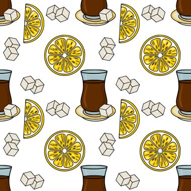 Seamless vector pattern of refreshing lemon slices, sweet sugar cubes, and traditional tea glasses