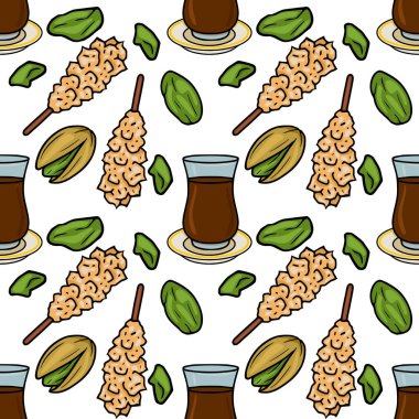Seamless vector pattern of pistachio nuts, traditional Turkish tea glasses, and sugar candy sticks