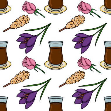 Gül ve safranlı Türk çayının kusursuz vektör deseni, beyaz arka planda kaya şekeri