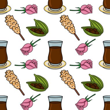 Geleneksel Türk çay bardakları, pembe güller, şam fıstığı kapsülleri ve Türk lezzetlerinin kusursuz vektör deseni.