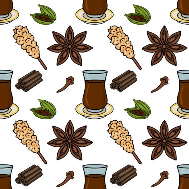 Seamless vector pattern of warm spices and hot drink, perfect for culinary themes