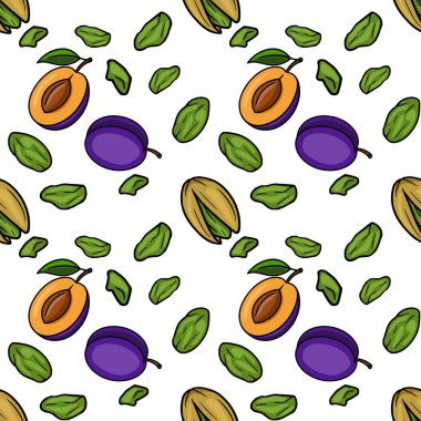 Seamless vector pattern of whole and halved plums with green leaves and pistachios