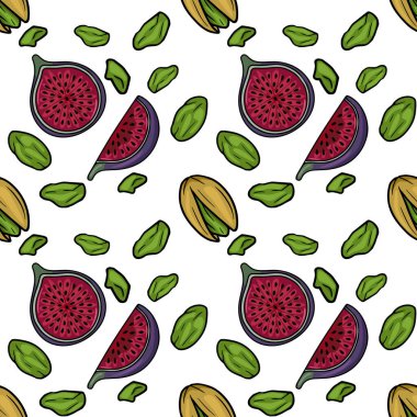 Seamless vector pattern of sliced figs and pistachios on a white background