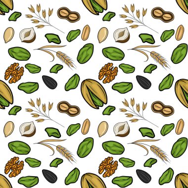 Fıstık, ceviz, fıstık, yer fıstığı, ayçiçeği tohumu ve buğday kulakları da dahil olmak üzere çeşitli fındık ve tohumların kusursuz vektör deseni beyaz bir arka planda..