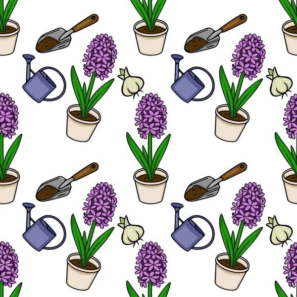 Saksıdaki sümbül çiçeklerinin, sulama kutularının ve bahçe malalarının kusursuz vektör deseni.