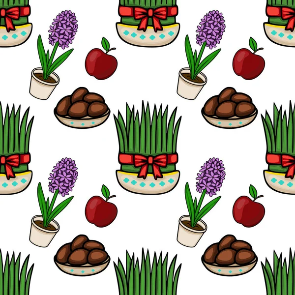 Şenlikli Nowruz vektör şablonu Sabzi, sümbül çiçekleri, elmalar ve boyalı yumurtalar.