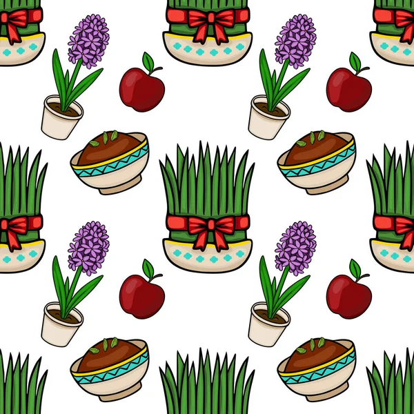 Nowruz sembollerinin kusursuz vektör deseni: Sabzeh, sümbül, elma ve Samanu, şenlikli bir duygu ile.
