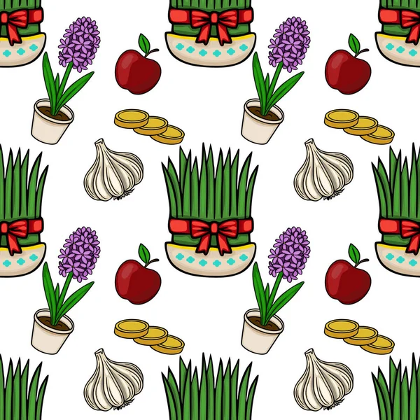 Yeşil lahanalı, sümbül, elma, sarımsak ve altın sikkeli şenlikli Nowruz vektör deseni