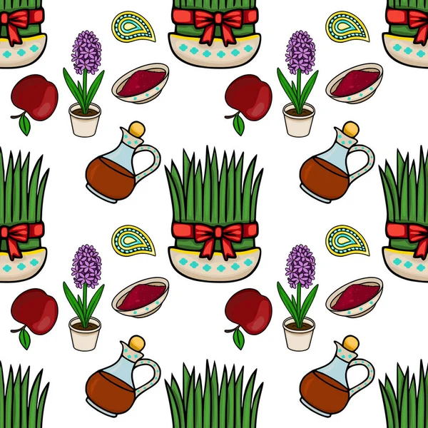 Sabzi, sümbül, elma, sumac ve desenli motifleri içeren Nowruz sembollerinin kusursuz vektör çizimi.