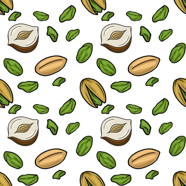 Seamless pattern of whole and halved pistachios and peanuts, vector illustration