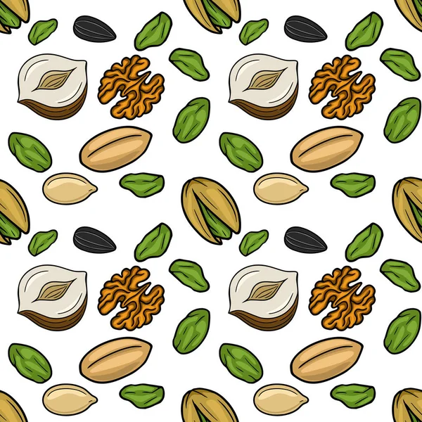 Seamless vector pattern of assorted nuts and seeds, healthy snack illustration