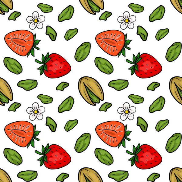 Beyaz arka planda taze çilek, fıstık ve beyaz çiçeklerden oluşan kusursuz vektör deseni.